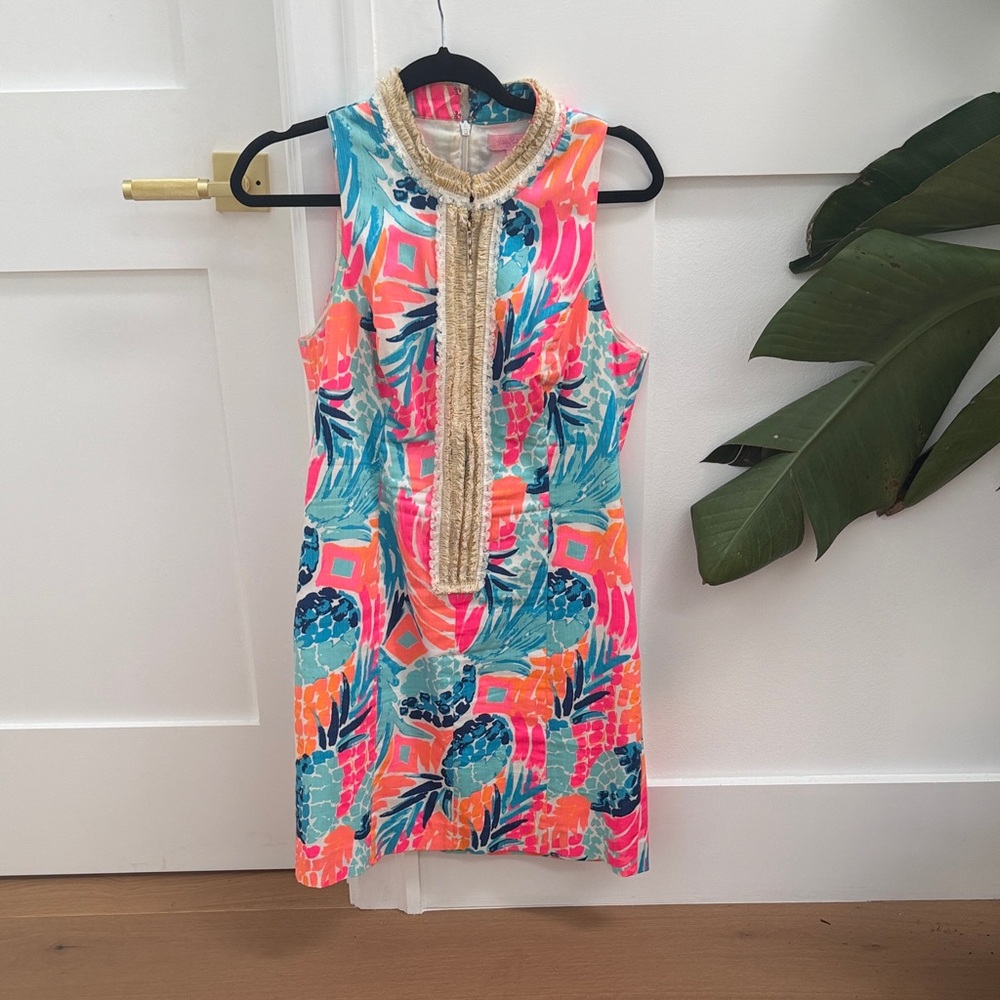 Lilly Pulitzer Neon Coral & Teal Tropical Shift Dress with Gold Trim